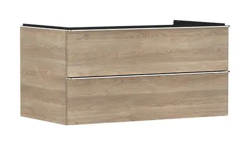 Waschtischunterschrank in Holzoptik von Hansgrohe mit zwei Schubkästen, geeignet für Aufsatzwaschtische, klare Linienführung und funktionales Design.